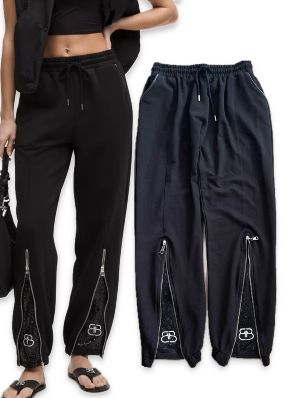 🇮🇹 BEDUSSI Made in Italy Black Sequin Wide Leg Jogger Pants Elastic Waist Sz 42